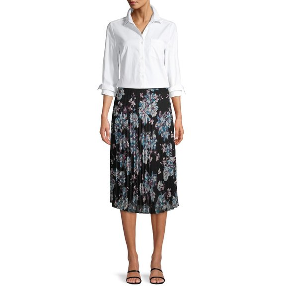 Time and Tru Women's Pleated Midi Skirt, Black Floral - Picture 1 of 4